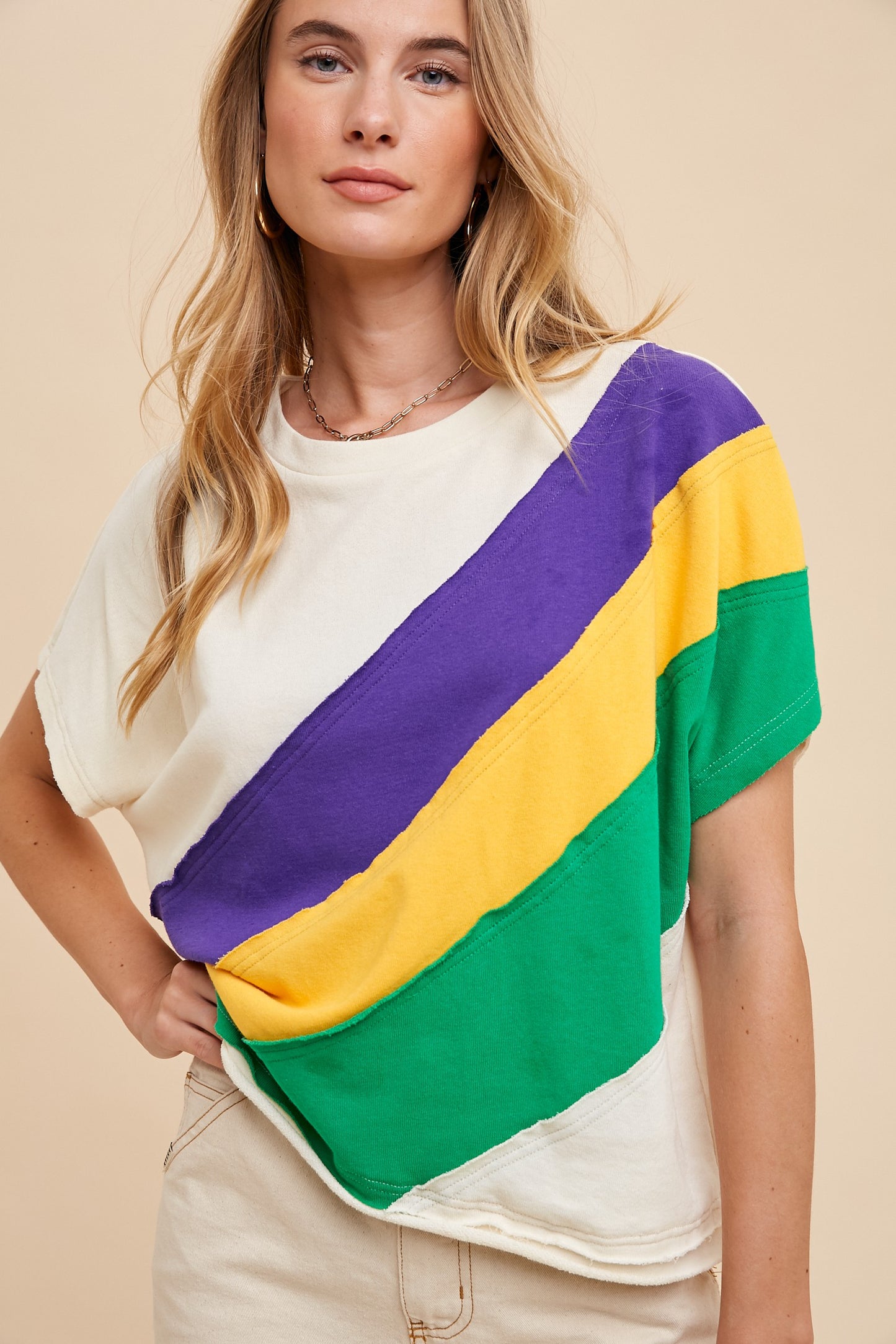 Mardi Gras Asymmetrical Color Block Pullover