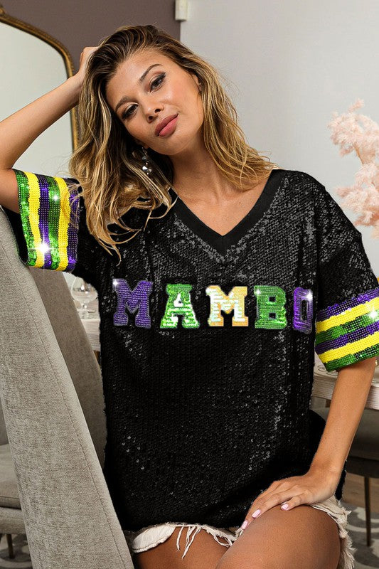 MARDI GRAS MAMBO SEQUIN V NECK TOP