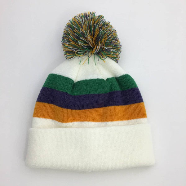 Mardi Gras Striped Beanie hat with Pom Pom  and/or Gloves