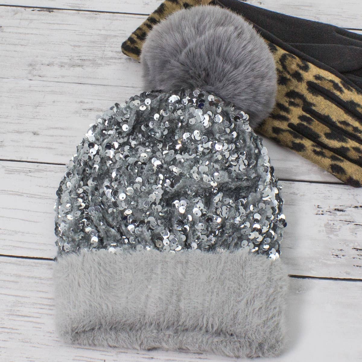 Sequin Fur Pom Fashion Beanie