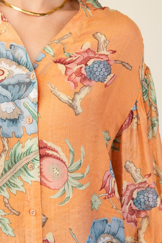 Coral Botanical Print Top
