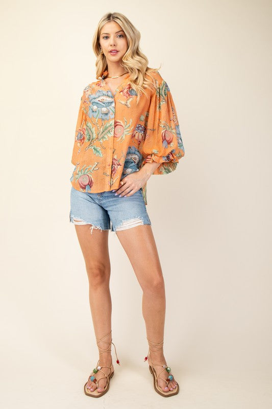 Coral Botanical Print Top