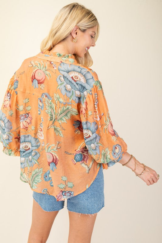 Coral Botanical Print Top
