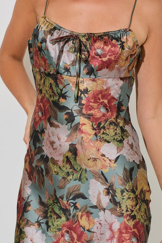 Satin Floral Midi Slip Dress with Flared Bottom Opening