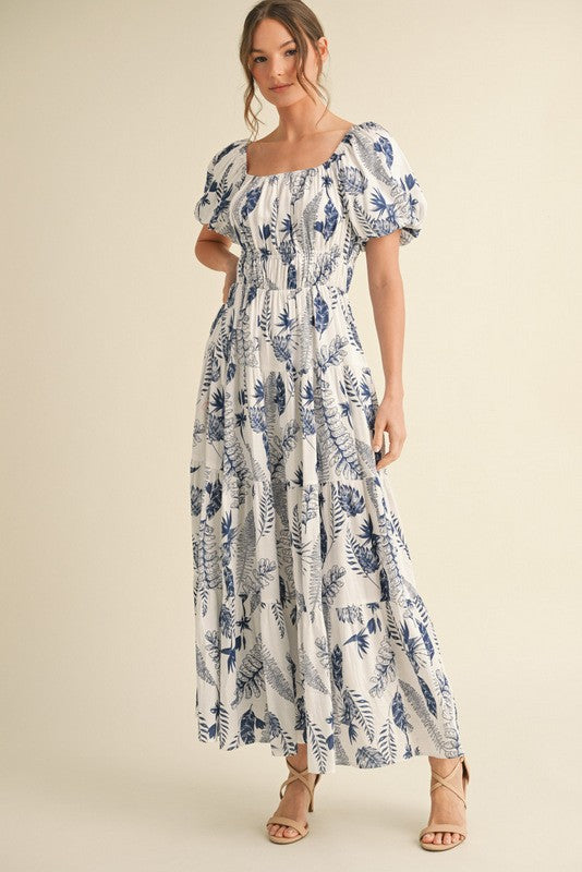 Leaf Print Tiered Maxi Dress