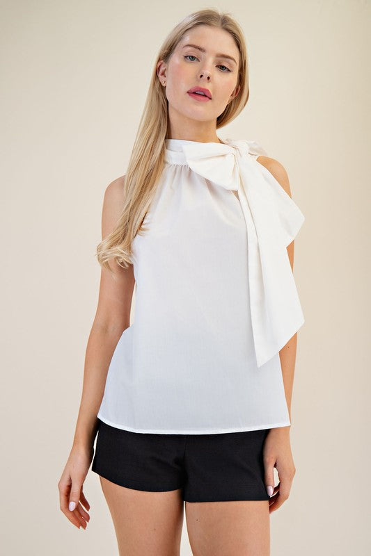 White Sleeveless Halter Neck Top w Bow