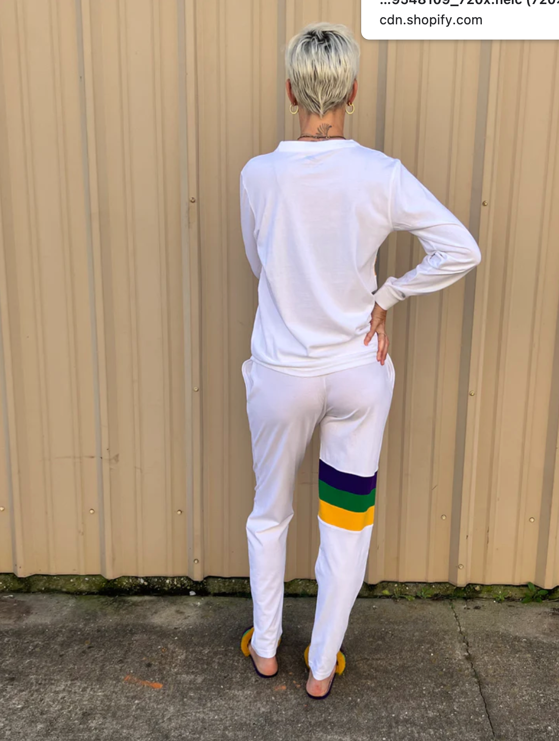 Mardi Gras Adult Chest Stripe Lounge /Jogger set - White