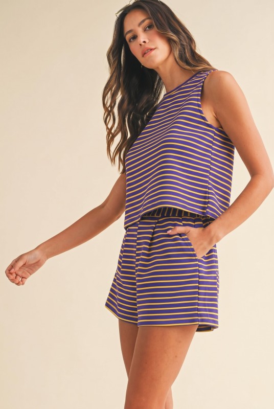 purple and gold striped Short Set 