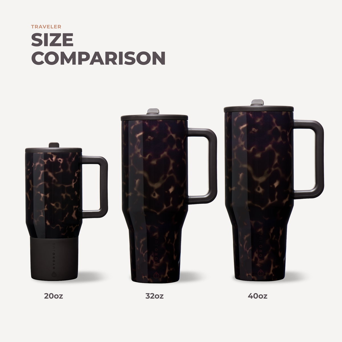 Side-by-side size comparison of Mocha Tortoise HydroJug Traveler tumblers in 20 oz, 32 oz, and 40 oz sizes