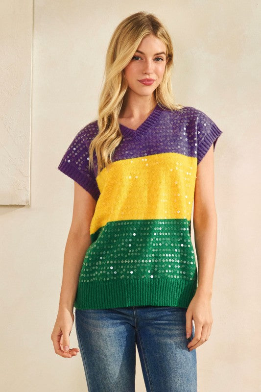 Clear Sequin Mardi Gras Sweater Vest