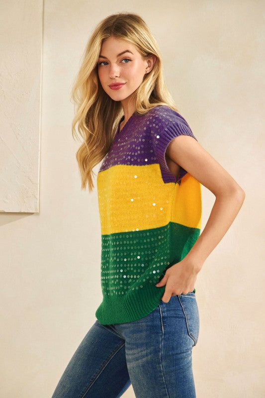 Clear Sequin Mardi Gras Sweater Vest