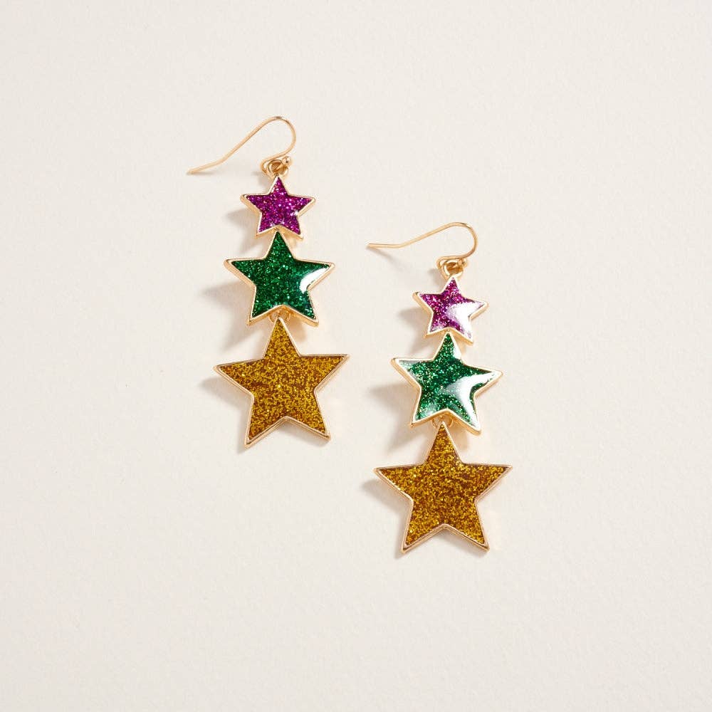 Mardi Gras Glittered Linked Star Hook Earrings