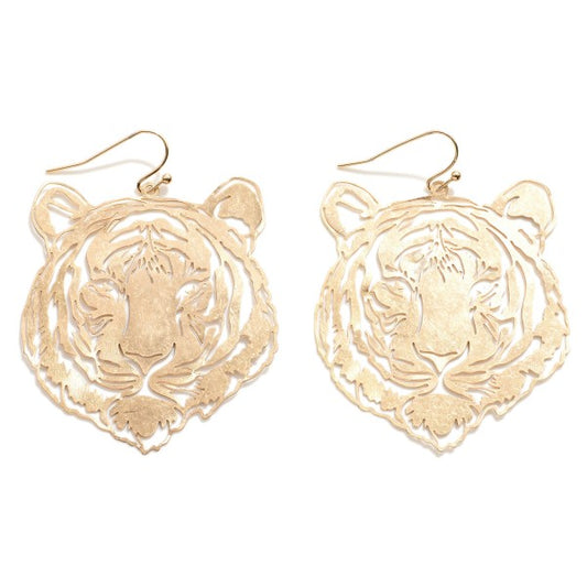 Gold Tone Tiger Face Earrings