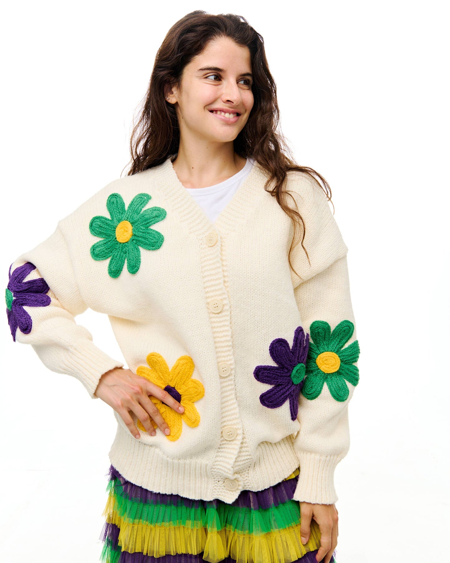 Mardi Gras flower cardigan 