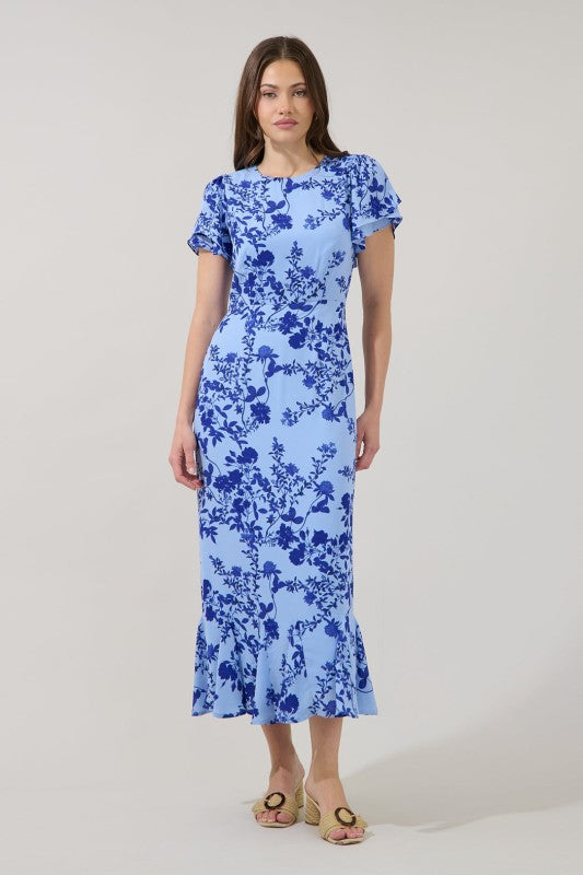 Light blue midi dress with cobalt floral print and flutter sleeves