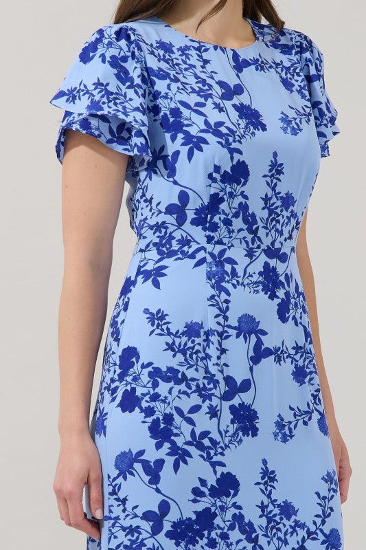 Blue floral dress with ruffled sleeves on a plain background
