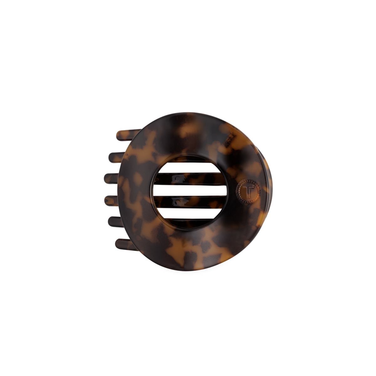 TELETIES Tortoise medium flat circle hair clip, top view