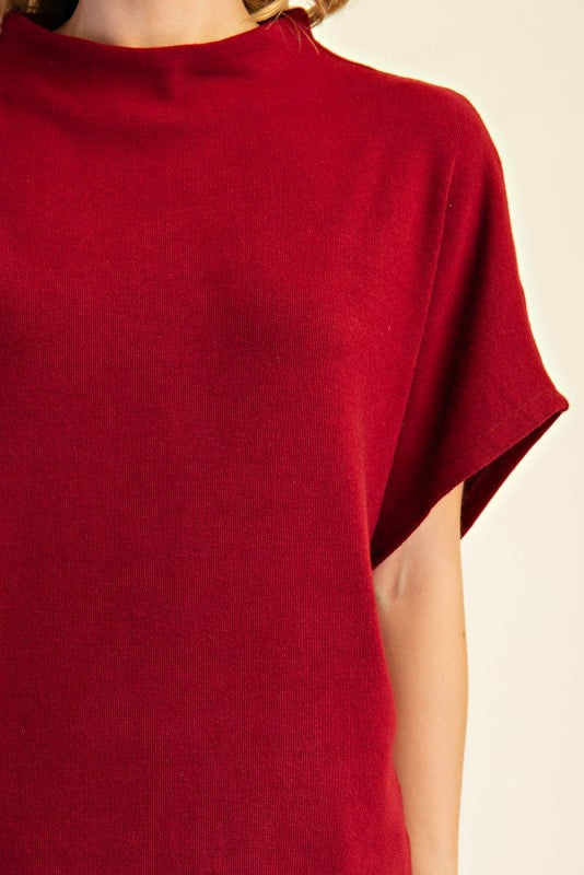 close up of Burgundy pullover knit top with short sleeves

