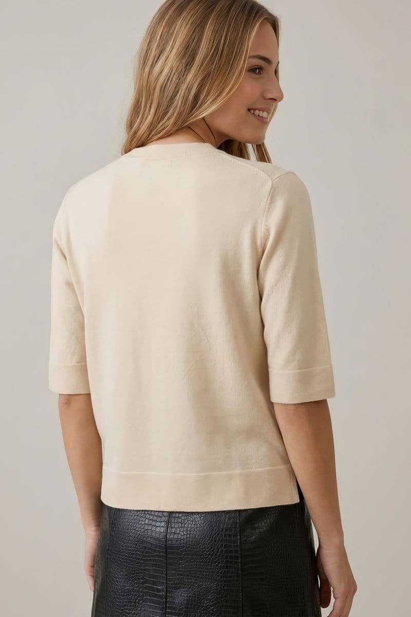 Cream Short Sleeve Knit Top