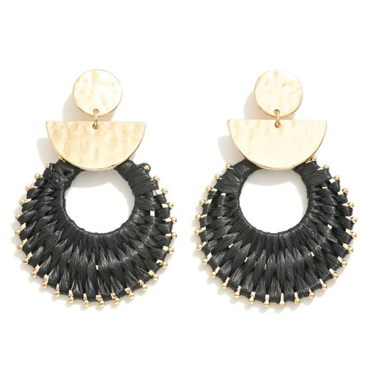 Black Raffia Wrapped Drop Earring With Geometric Post