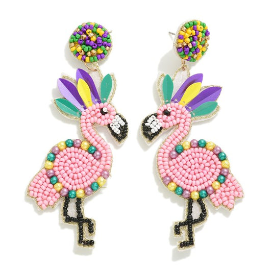 Mardi Gras Beaded Flamingo Earrings