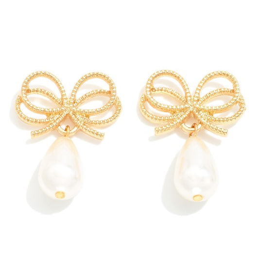 Gold tone Bow with Drop Pearl Earrings