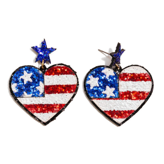 Glitter American Flag Heart Drop Earrings