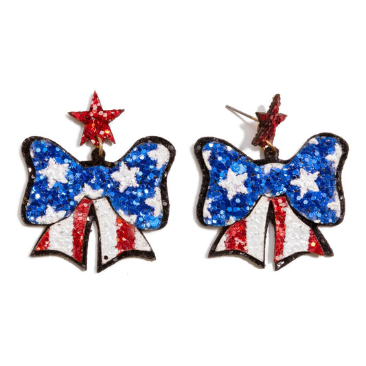 Glitter American Flag Bow Drop Earrings
