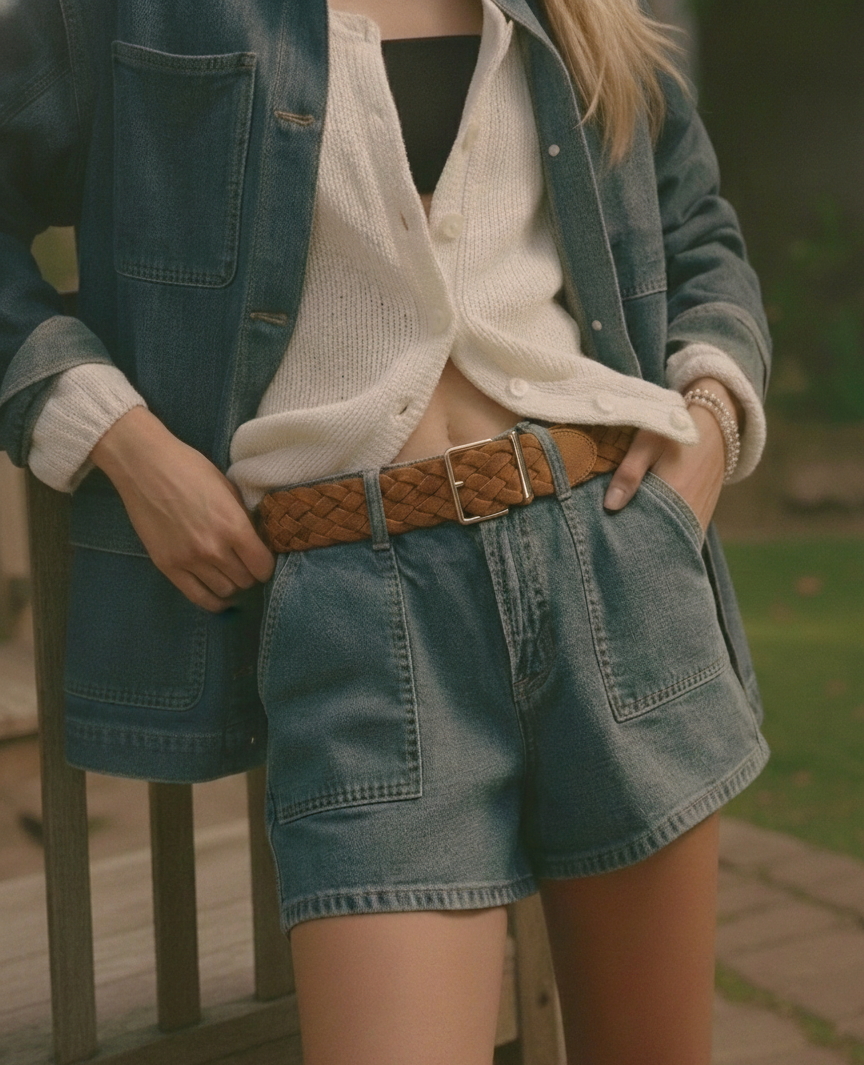 Person wearing a denim jacket, white sweater, and blue shorts with a brown belt.