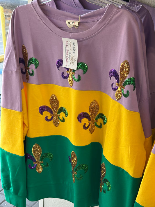 SEQUIN FLEUR DE LIS EMBROIDERY MARDI GRAS COLOR BLOCK SWEATSHIRT