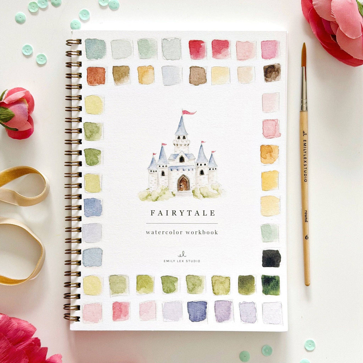 Fairytale watercolor workbook cover with a castle