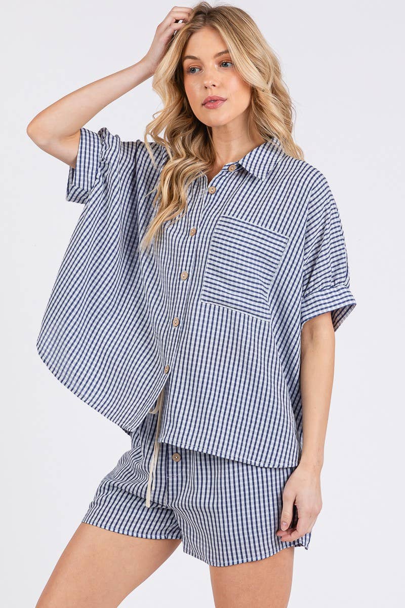 Navy Check Button Down Shorts Set