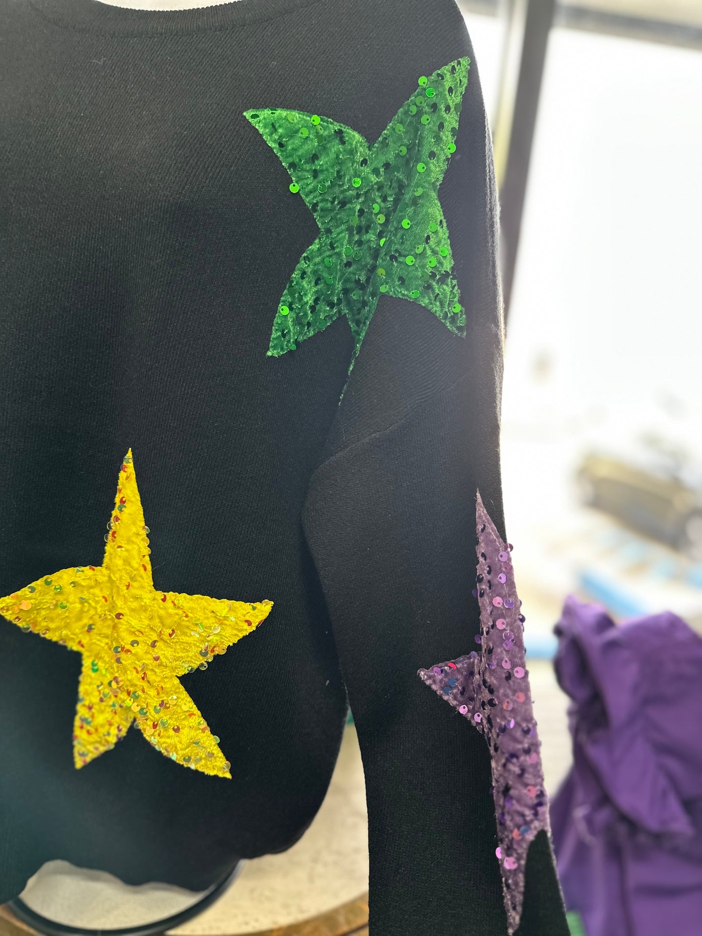 SEQUIN VELVET STAR PATCHES MARDI GRAS SWEATER Black