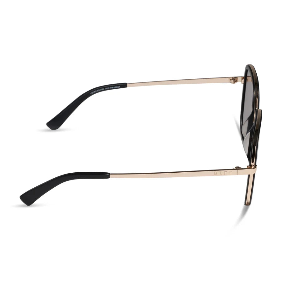 Side profile of square aviator-style sunglasses with a rose gold metal frame, black temples, and dark lenses on a white background.