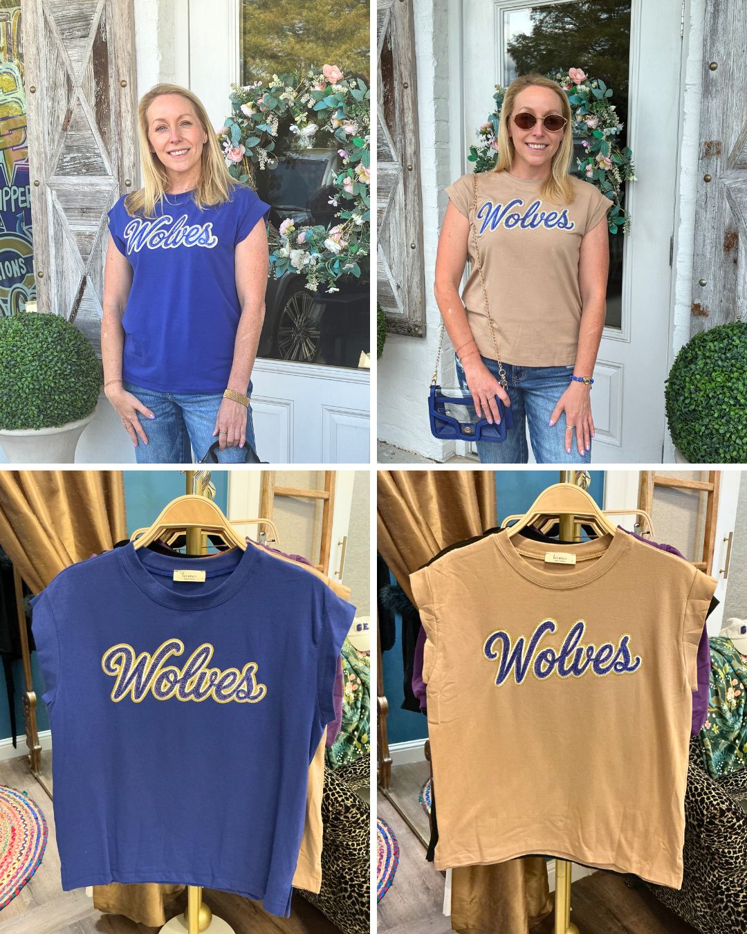 4 photos showing 2 shirt styles one in Royal Blue and the other in Tan with a Sequin Wolves Appliqué