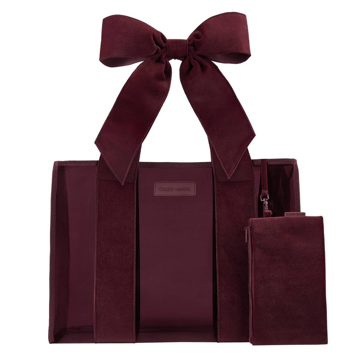Red velvet bow jelly tote bag with matching velvet zipper pouch, front view