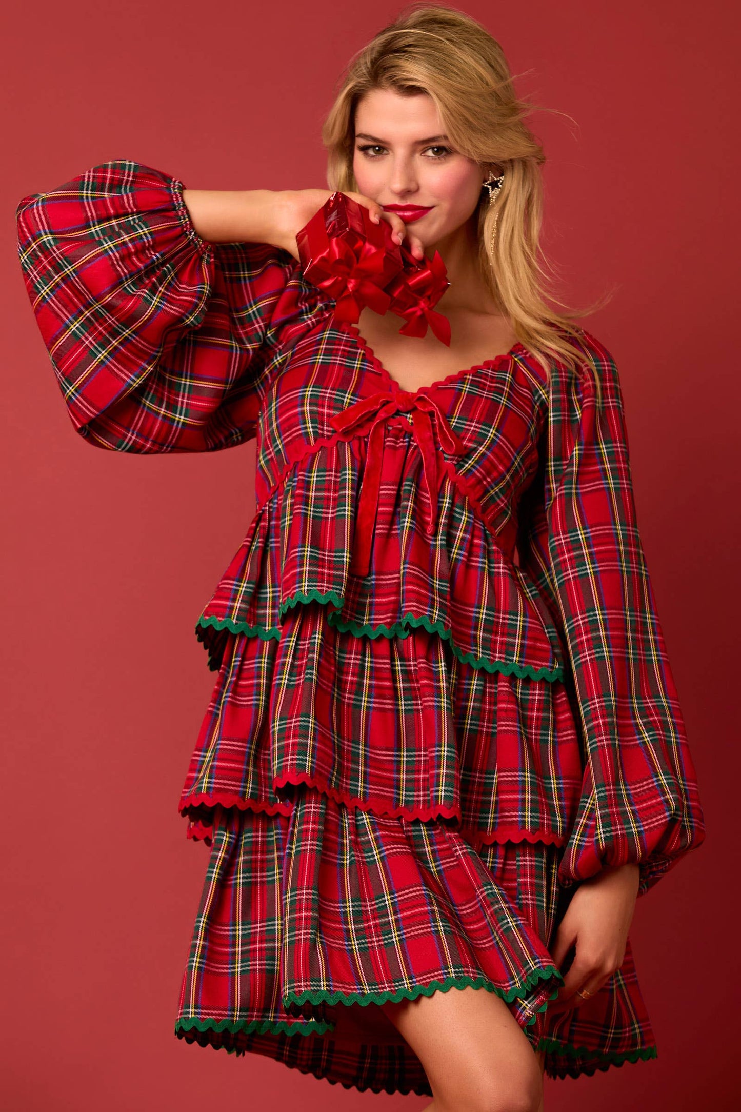 Christmas Plaid Long Sleeve Tiered Dress