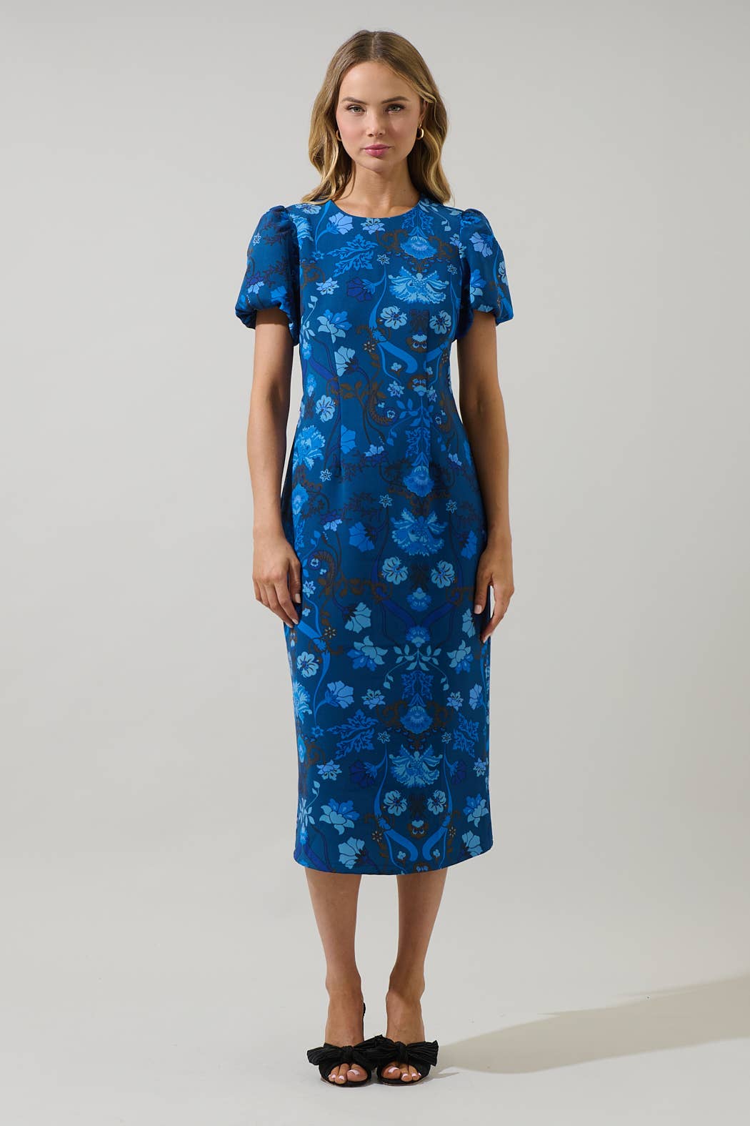 Palmate Floral  Puff Sleeve Midi Dress