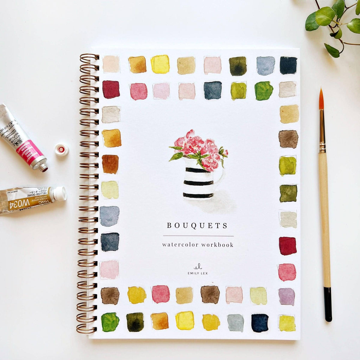 Bouquets watercolor workbook cover with peonies in a striped pitcher