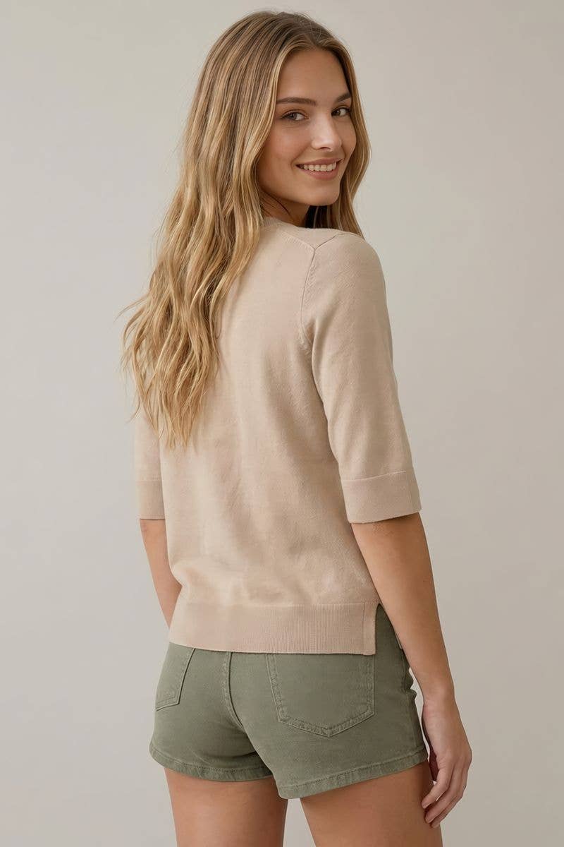 Cream Short Sleeve Knit Top
