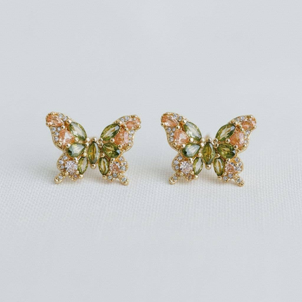 Olive Green Cubic Zirconia Butterfly Earrings