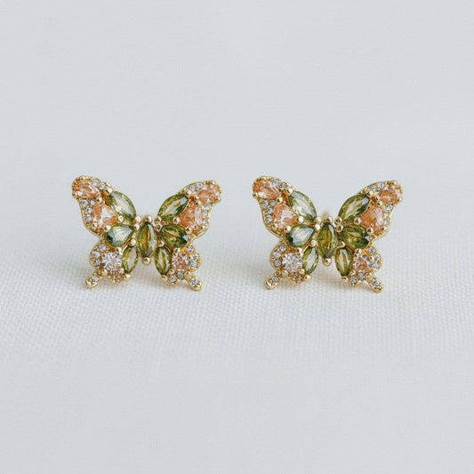 Olive Green Cubic Zirconia Butterfly Earrings