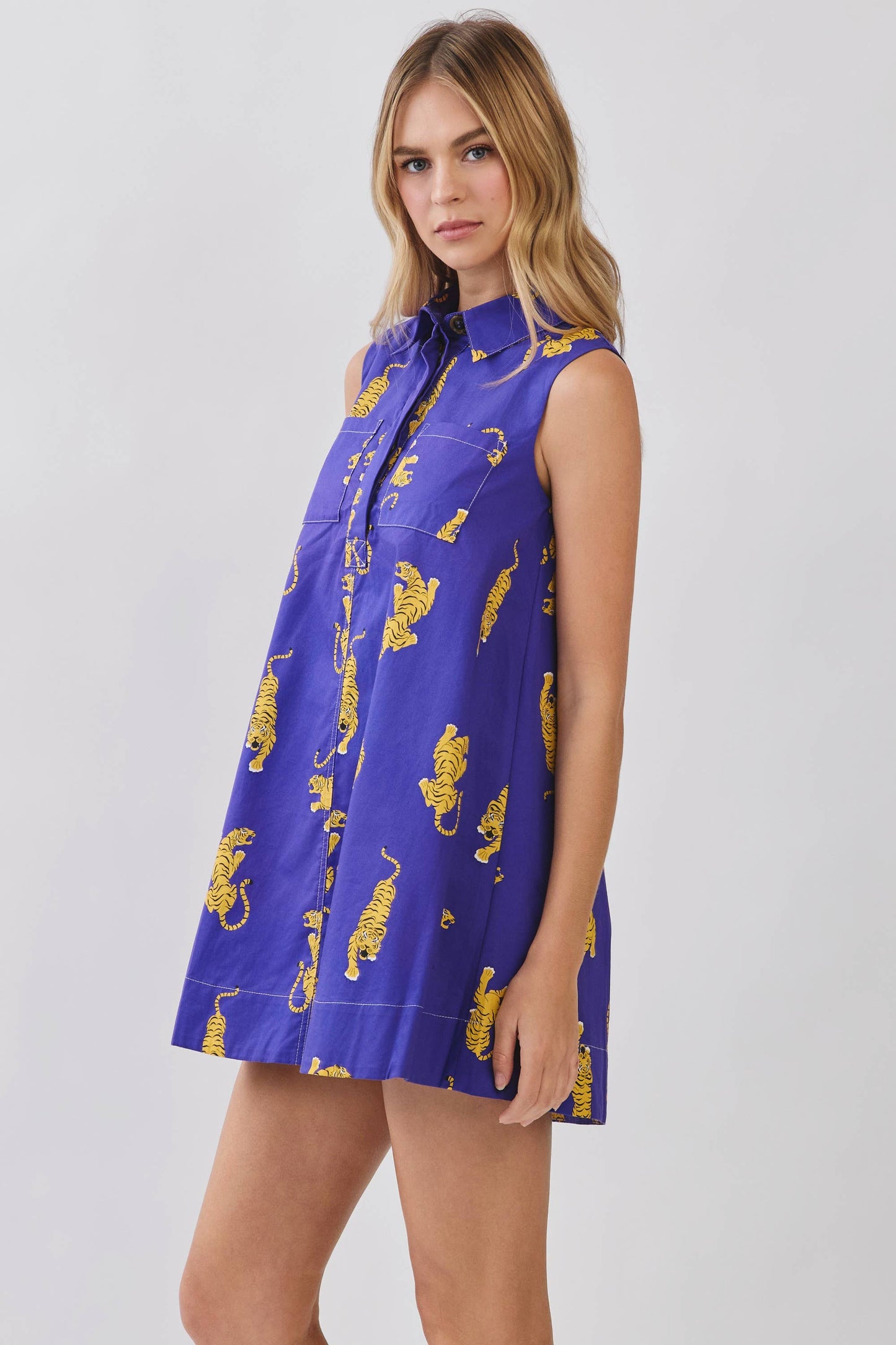 Tiger Print Sleeveless Shirt Dress