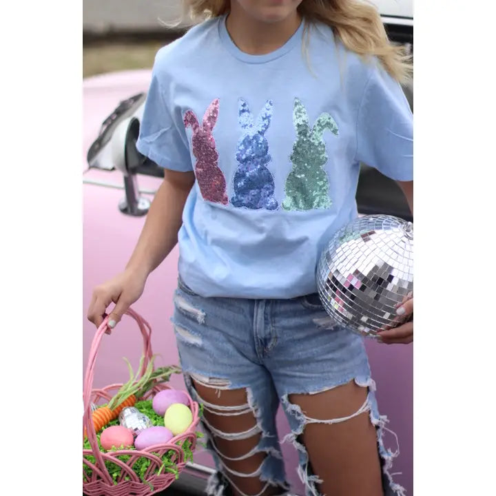 PRE ORDER :  Easter Bunny Trio Handmade Sequin Short Sleeve T