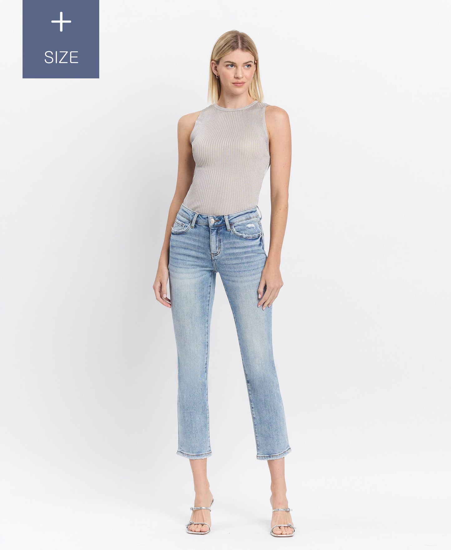 PLUS SIZE MID RISE CROP SLIM STRAIGHT JEANS LV1079-P