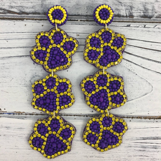 Purple and gold 3 tier paw print earrings