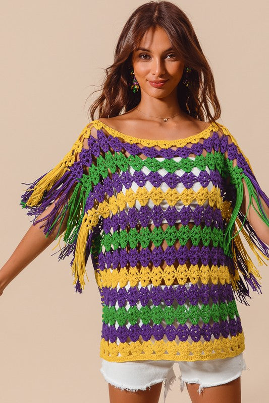 MARDI GRAS COLOR STRIPE CROCHET KNIT TOP WITH TASSEL EDGE DETAIL