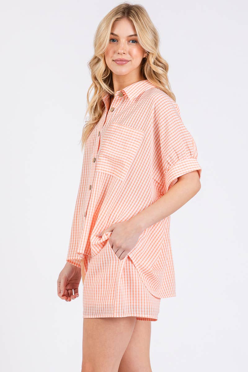 Navy Check Button Down Shorts Set
