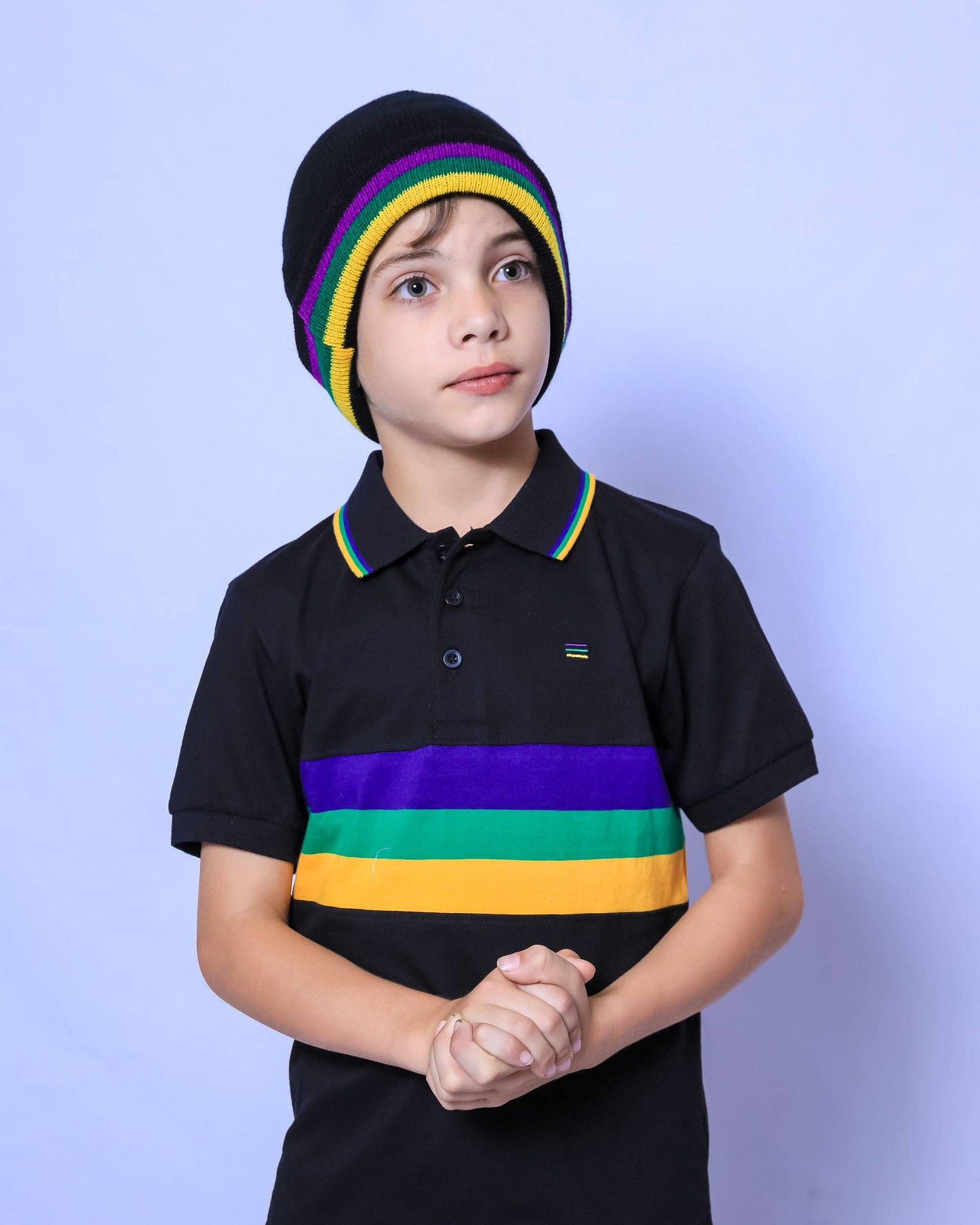 Black Mardi Gras Rugby Beanie With Purple Green And Gold Stripes