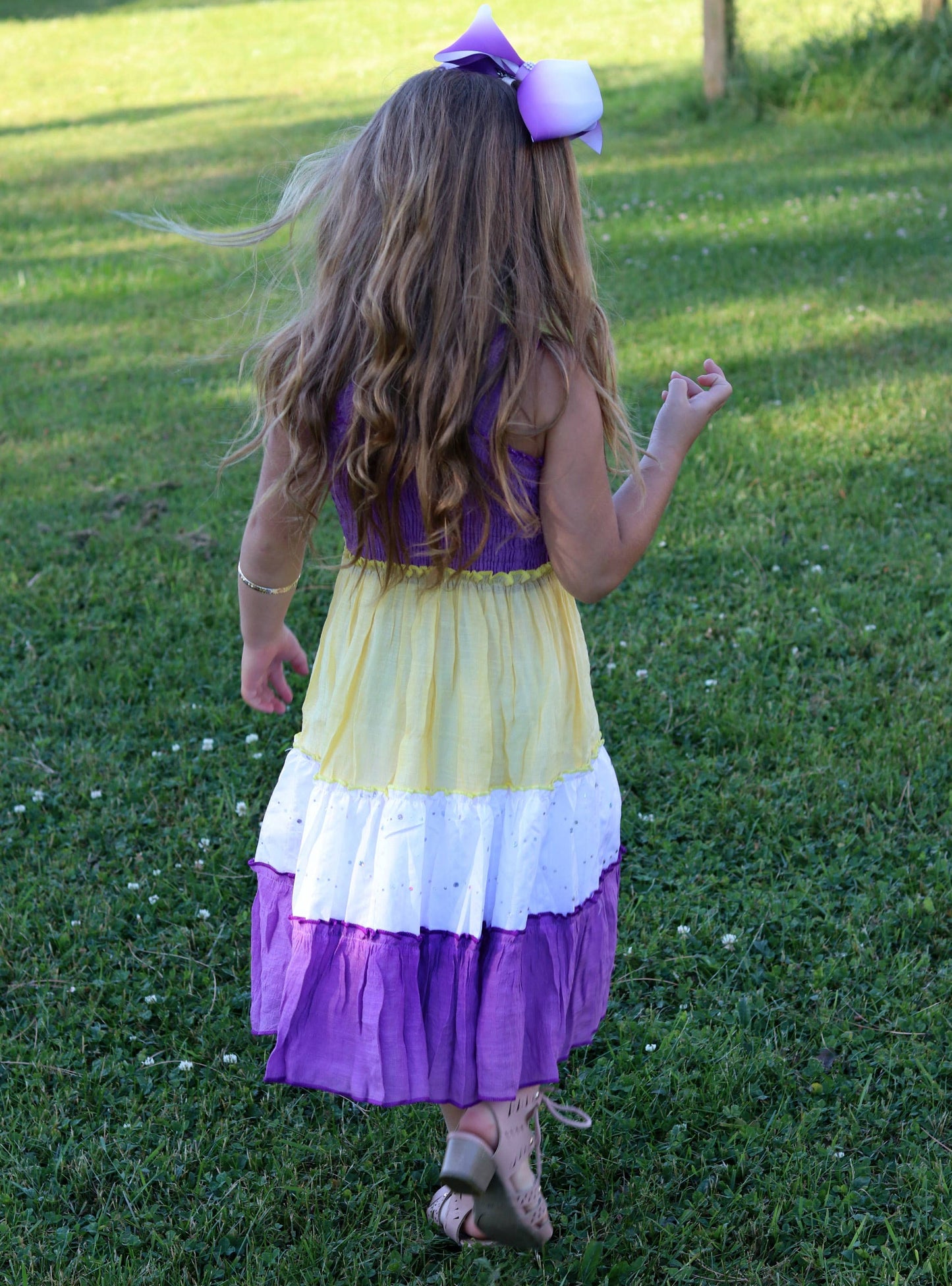 Girls Soft Cotton Purple and Yellow Game Day Midi Dress